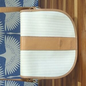 Vintage Fendi crossbody cream and grey striped purse with tan leather ac…